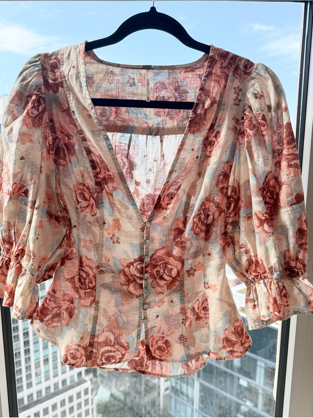 EUC Free People Women’s Cream Floral Top ~ Puff Sleeve Cotton ~ Boho Cottage ~ M